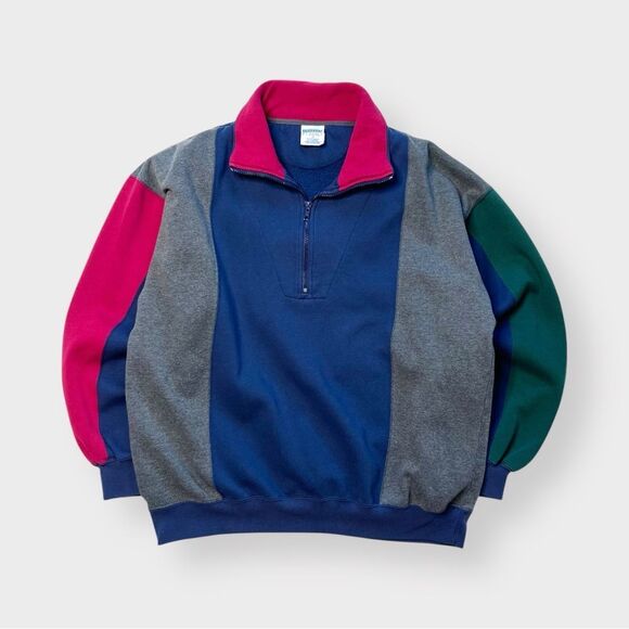 Vtg 90s Cheetah Mervyns 1/4 Zip Color Block Sweatshirt, Dad Oversized XL Heavy - Picture 1 of 5